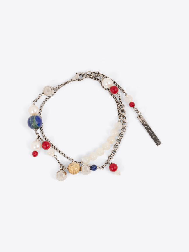 Multicolored beaded bracelet on a white background