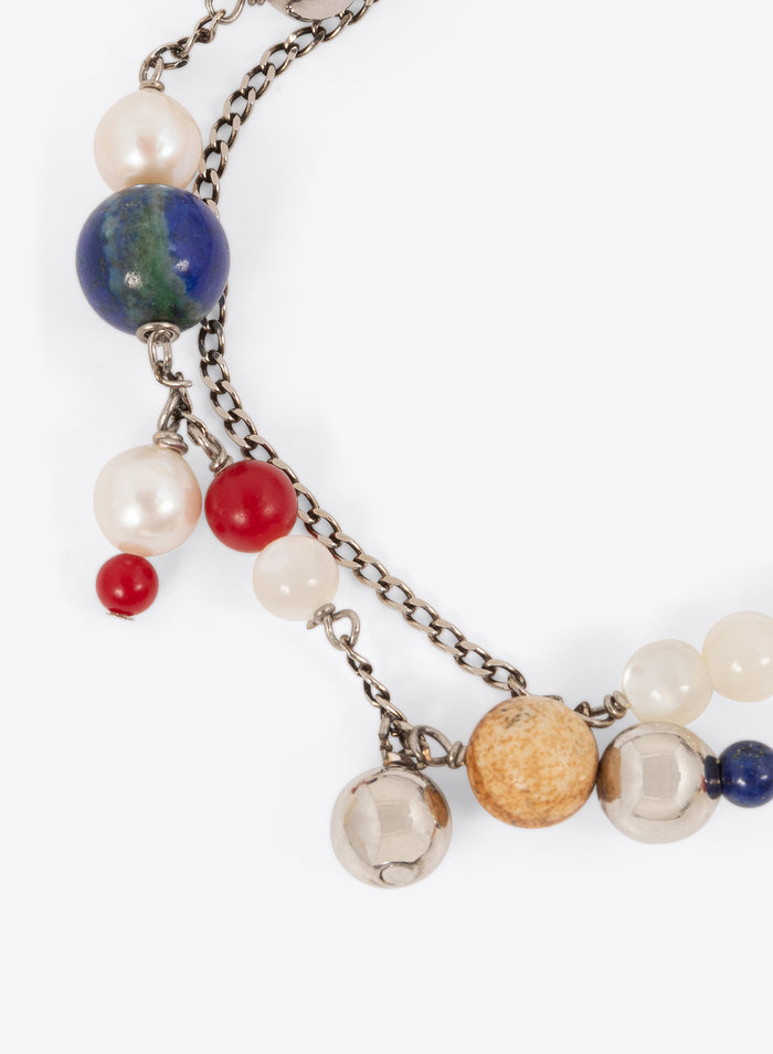 Necklace with multicolored beads and chain on a white background