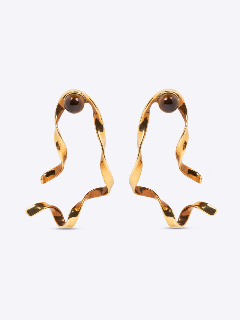 Gold earrings with brown beads on a white background - Dries Van Noten