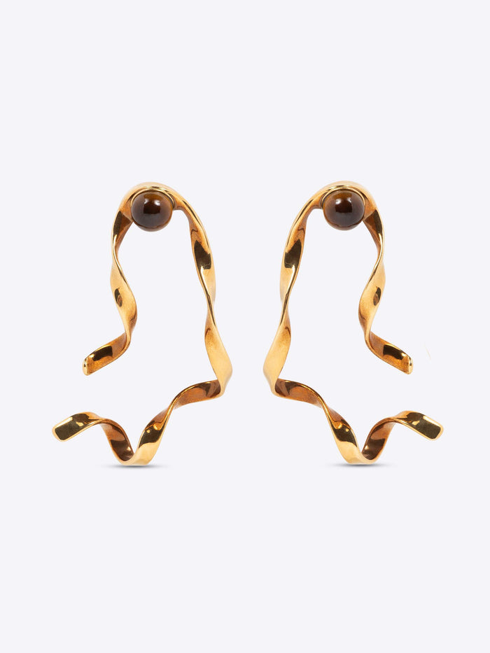 Gold earrings with brown beads on a white background - Dries Van Noten