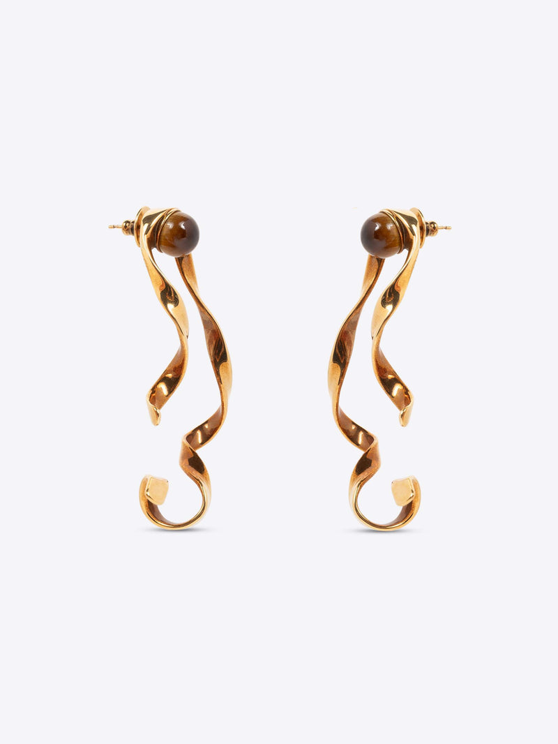 Gold spiral earrings with brown gemstones on a white background - Dries Van Noten