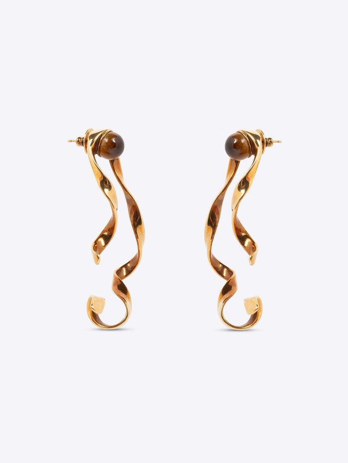 Gold spiral earrings with brown gemstones on a white background - Dries Van Noten