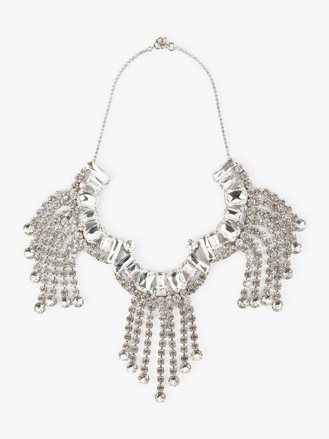 Silver necklace with fringe and clear stones on a white background - Dries Van Noten