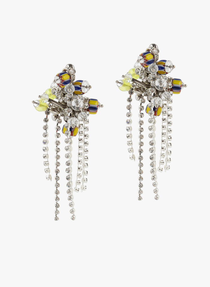 Pair of floral earrings with colorful stones and dangling beads on a white background - Dries Van Noten