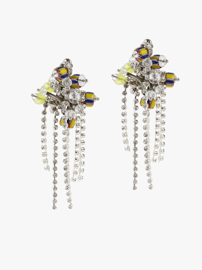 Pair of floral earrings with colorful stones and dangling beads on a white background - Dries Van Noten