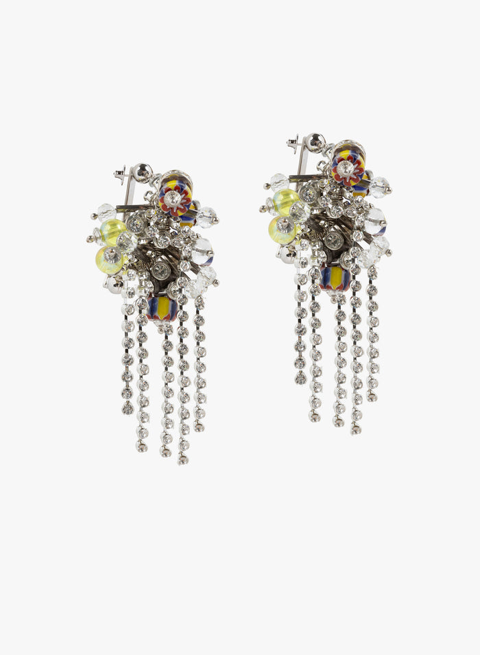 Pair of ornate earrings with dangling elements on a white background - Dries Van Noten