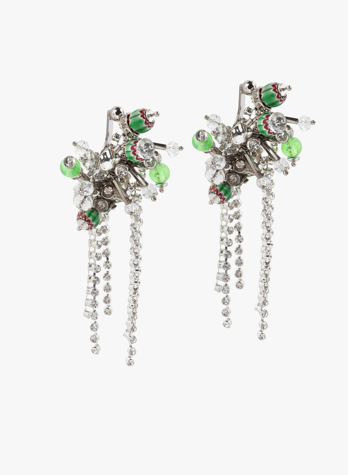 Decorative earrings with green and clear gemstones on a white background - Dries Van Noten