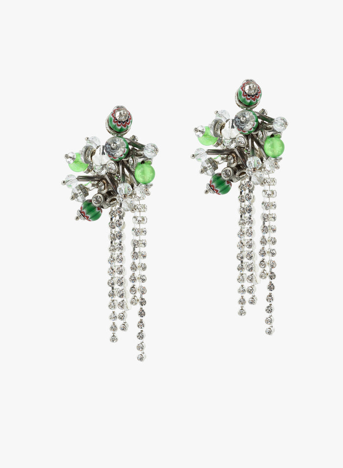 Pair of ornate earrings with green gemstones and dangling elements on a white background - Dries Van Noten