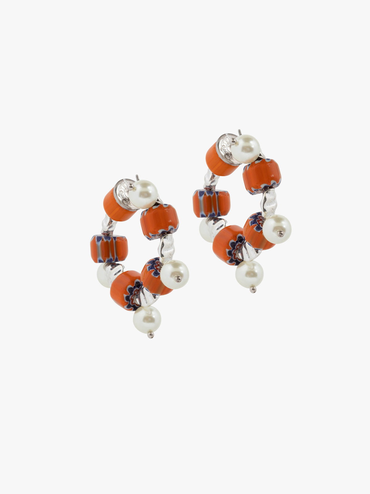 Pair of earrings with orange beads and pearls on a white background - Dries Van Noten