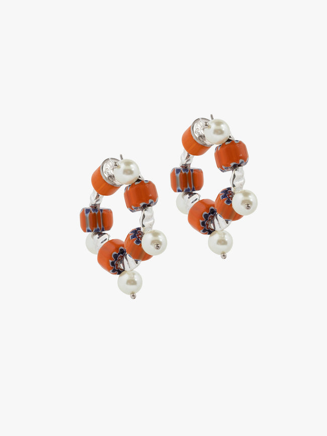 Pair of earrings with orange beads and pearls on a white background - Dries Van Noten
