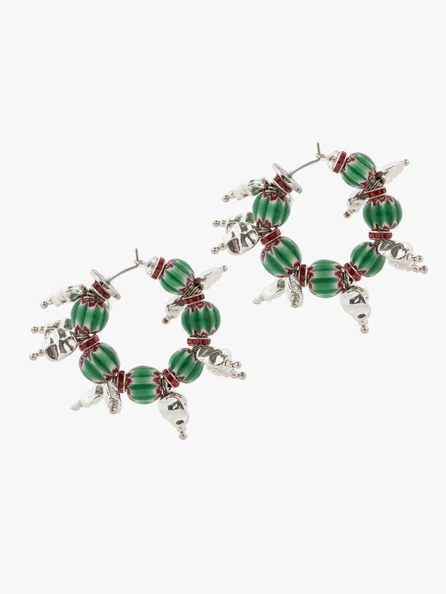 Pair of green beaded earrings with silver and red accents on a white background - Dries Van Noten