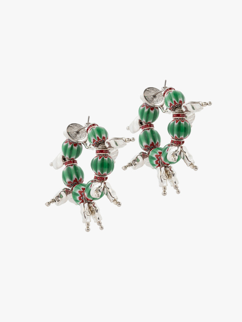 Pair of green beaded earrings with silver accents on a white background - Dries Van Noten