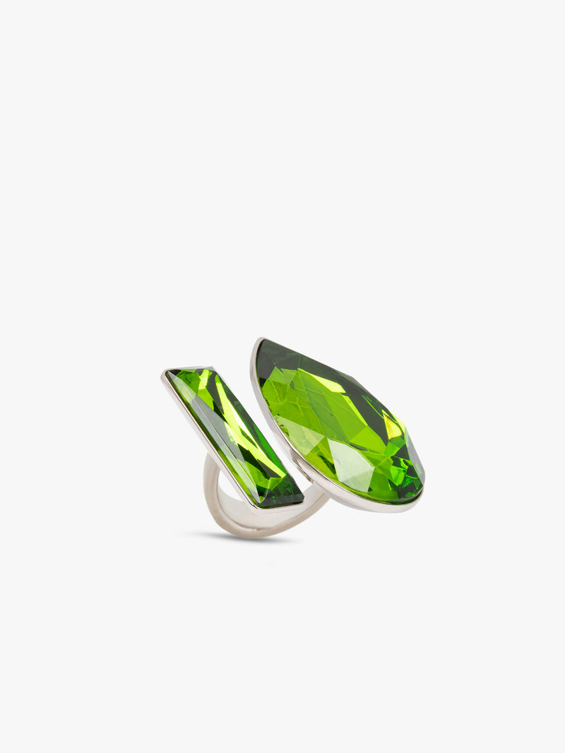 Silver ring with green gemstones on a white background - Dries Van Noten