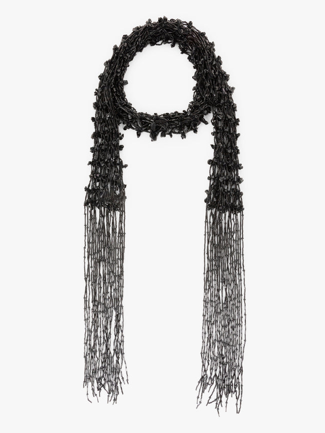 Black scarf with fringe on a white background - Dries Van Noten