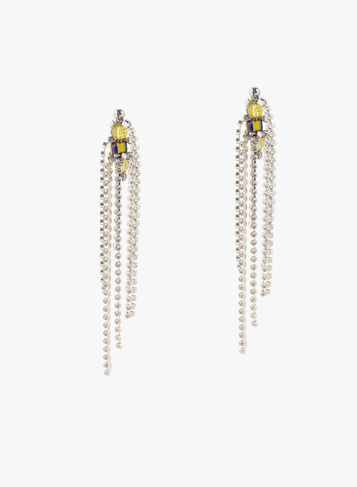 Pair of long earrings with beads and gemstones on a white background - Dries Van Noten