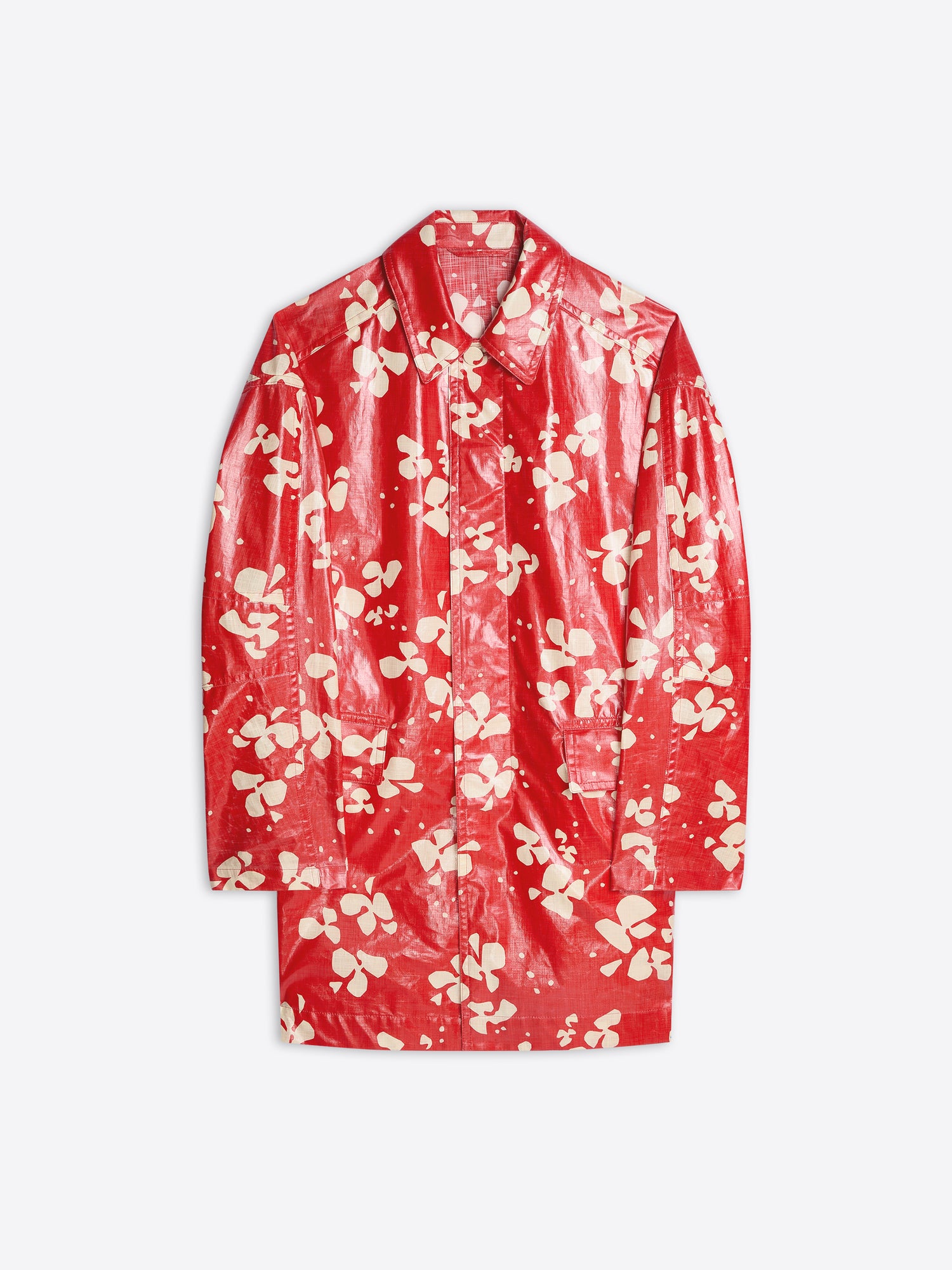 Red raincoat with white floral pattern on a white background - Dries Van Noten