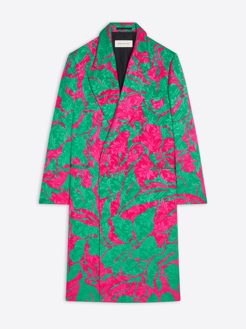 Green and pink floral patterned coat on a white background - Dries Van Noten