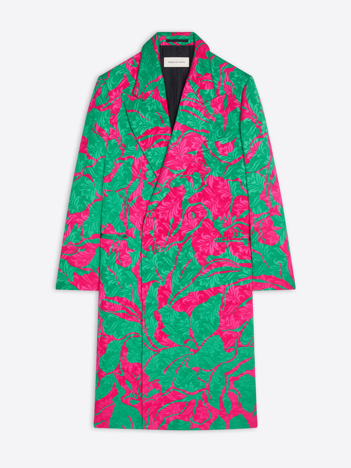 Green and pink floral patterned coat on a white background - Dries Van Noten