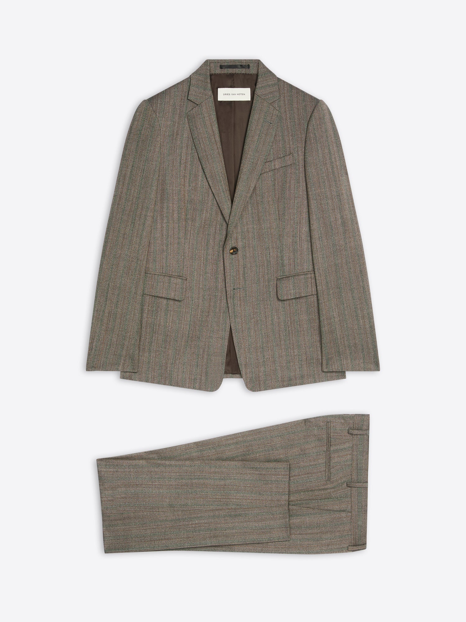 Brown pinstripe suit jacket and pants on a white background - Dries Van Noten