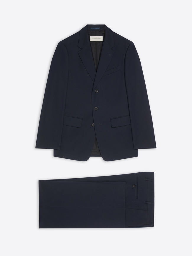 Navy blue suit jacket and pants on a white background