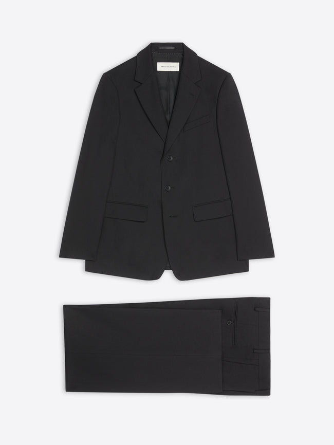 Black suit jacket and pants on a white background