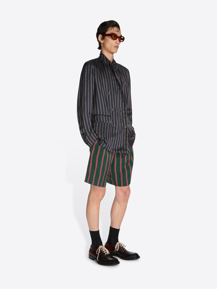 Person wearing a striped shirt and shorts on a white background - Dries Van Noten