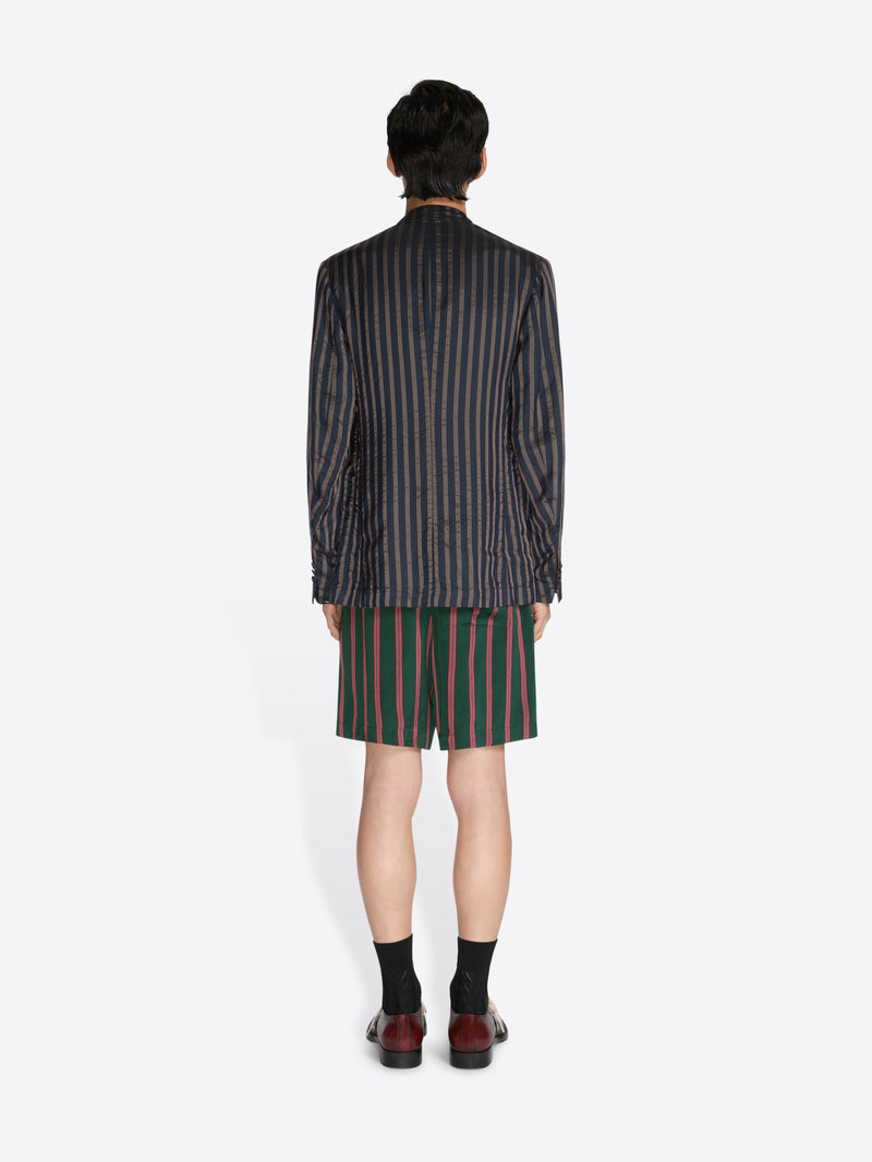 Person wearing a striped blazer and shorts on a white background - Dries Van Noten