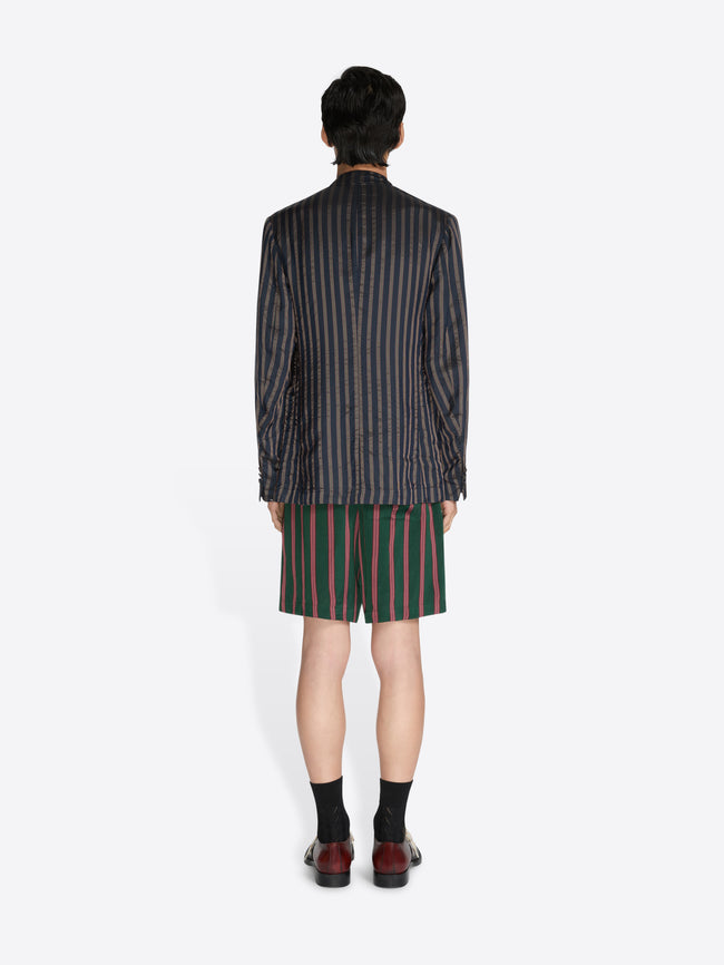 Person wearing a striped blazer and shorts on a white background - Dries Van Noten