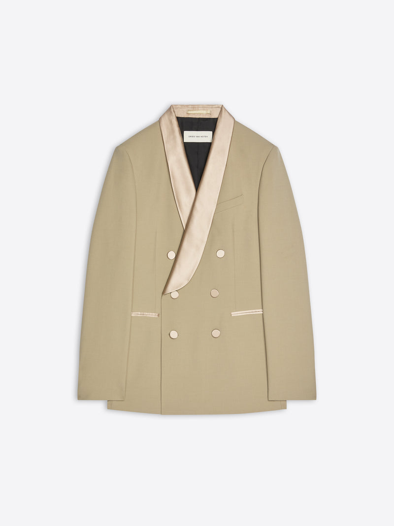 Beige blazer with white trim on a light gray background - Dries Van Noten