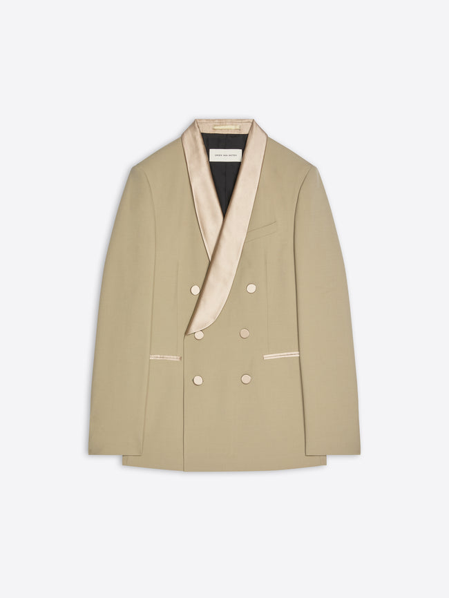 Beige blazer with white trim on a light gray background - Dries Van Noten