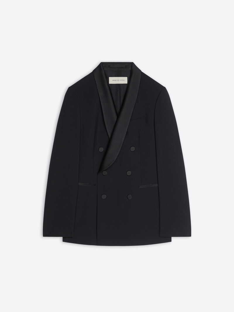 Black double-breasted blazer on a light gray background - Dries Van Noten