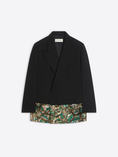 Black blazer with a patterned hem on a white background - Dries Van Noten