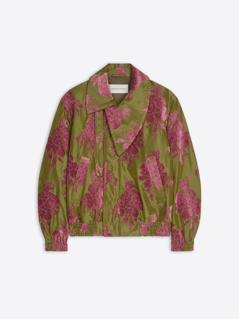 Green and pink floral patterned shirt on a white background