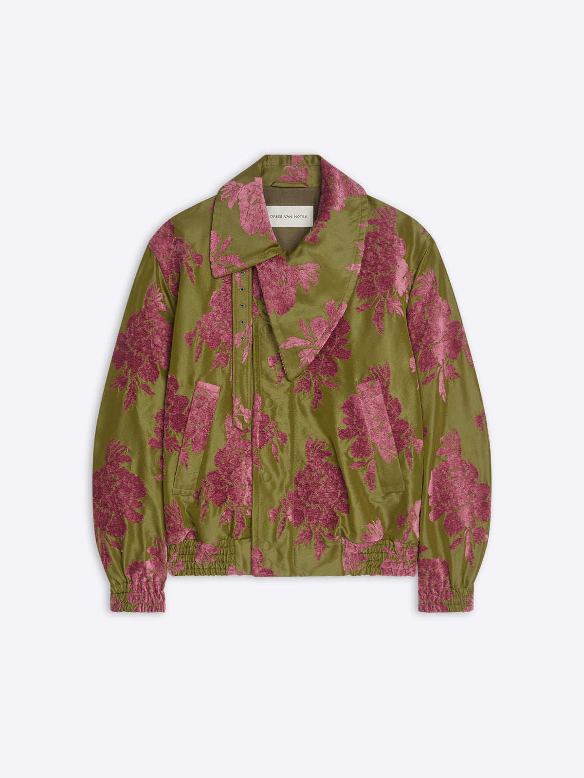 Green and pink floral patterned shirt on a white background