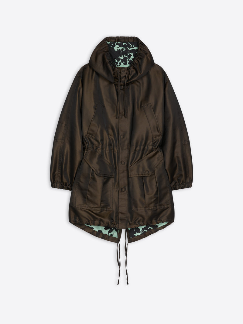 Brown hooded jacket with floral lining on a white background