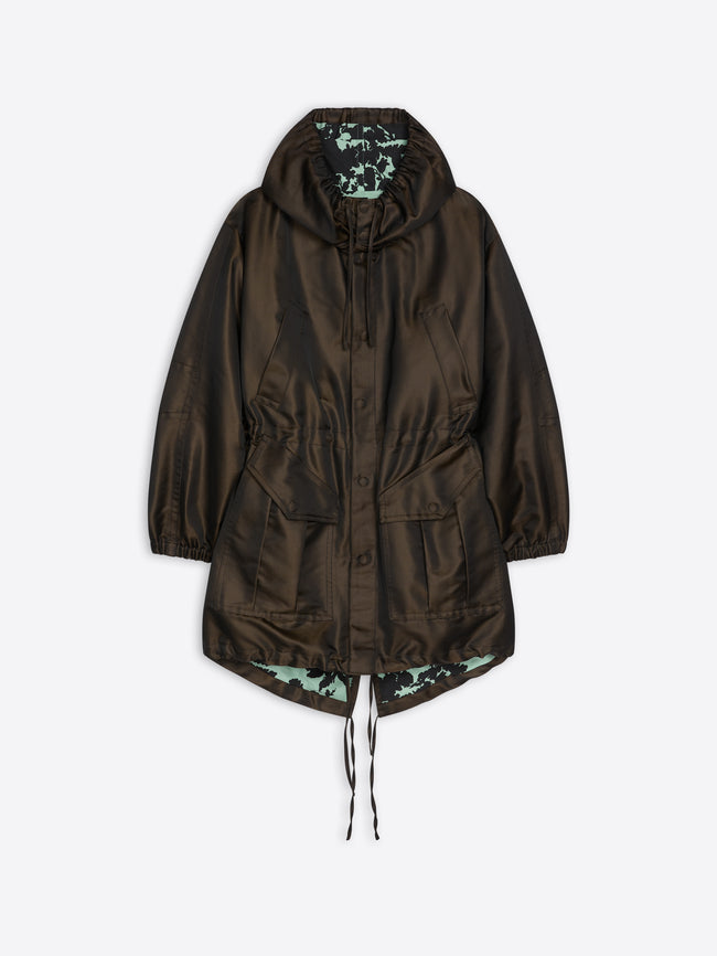 Brown hooded jacket with floral lining on a white background