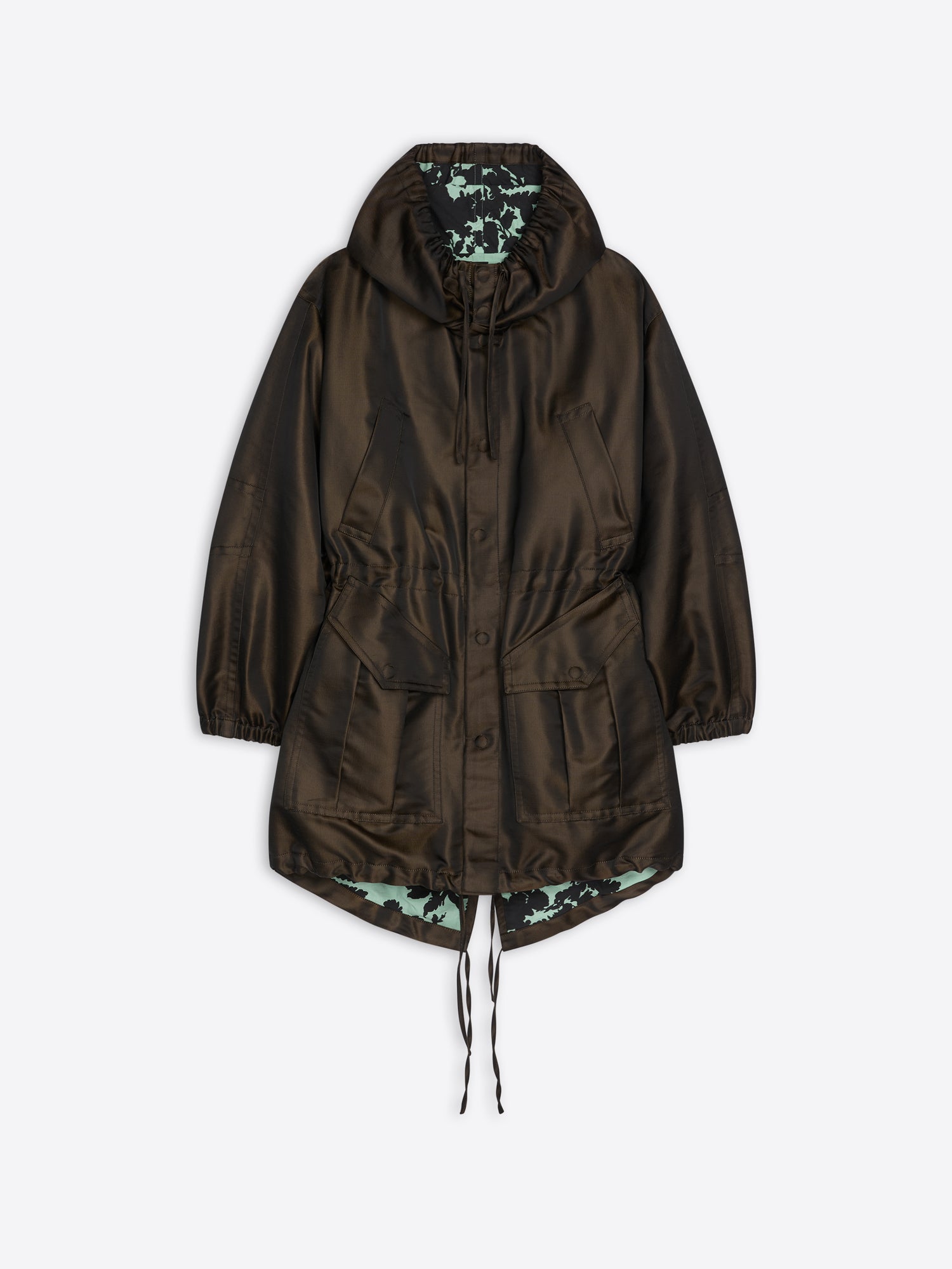 Brown hooded jacket with floral lining on a white background - Dries Van Noten