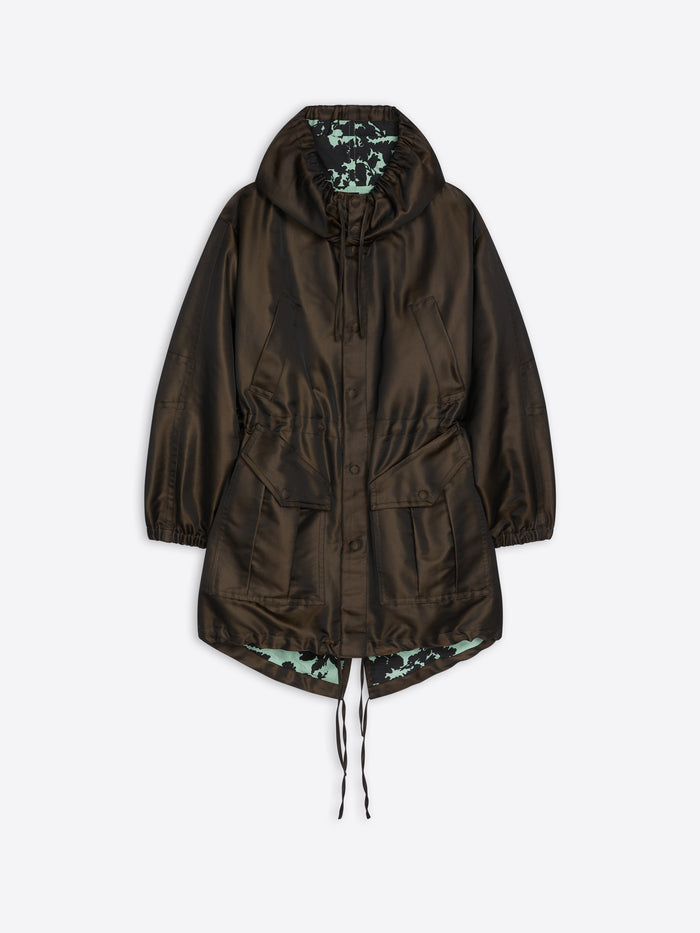 Brown hooded jacket with floral lining on a white background