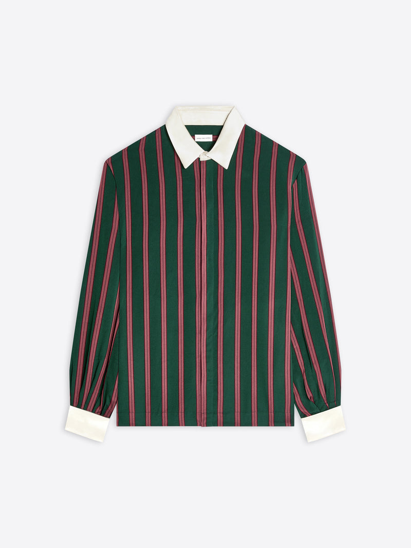 Green and red striped shirt with white collar and cuffs on a white background