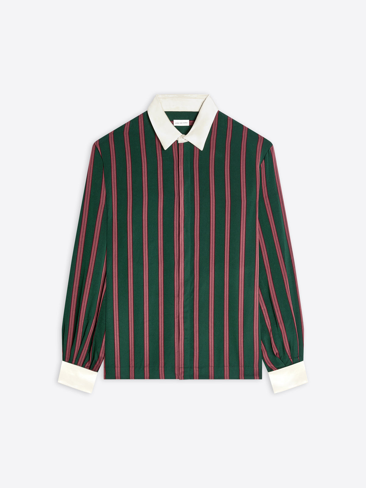 Green and red striped shirt with white collar and cuffs on a white background