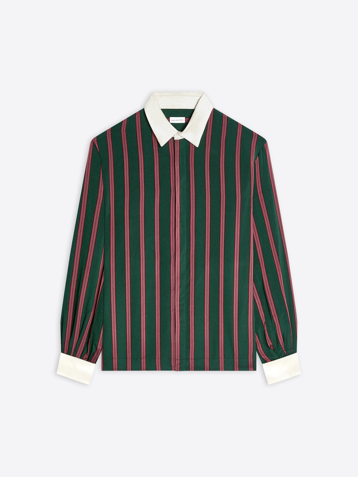 Green and red striped shirt with white collar and cuffs on a white background