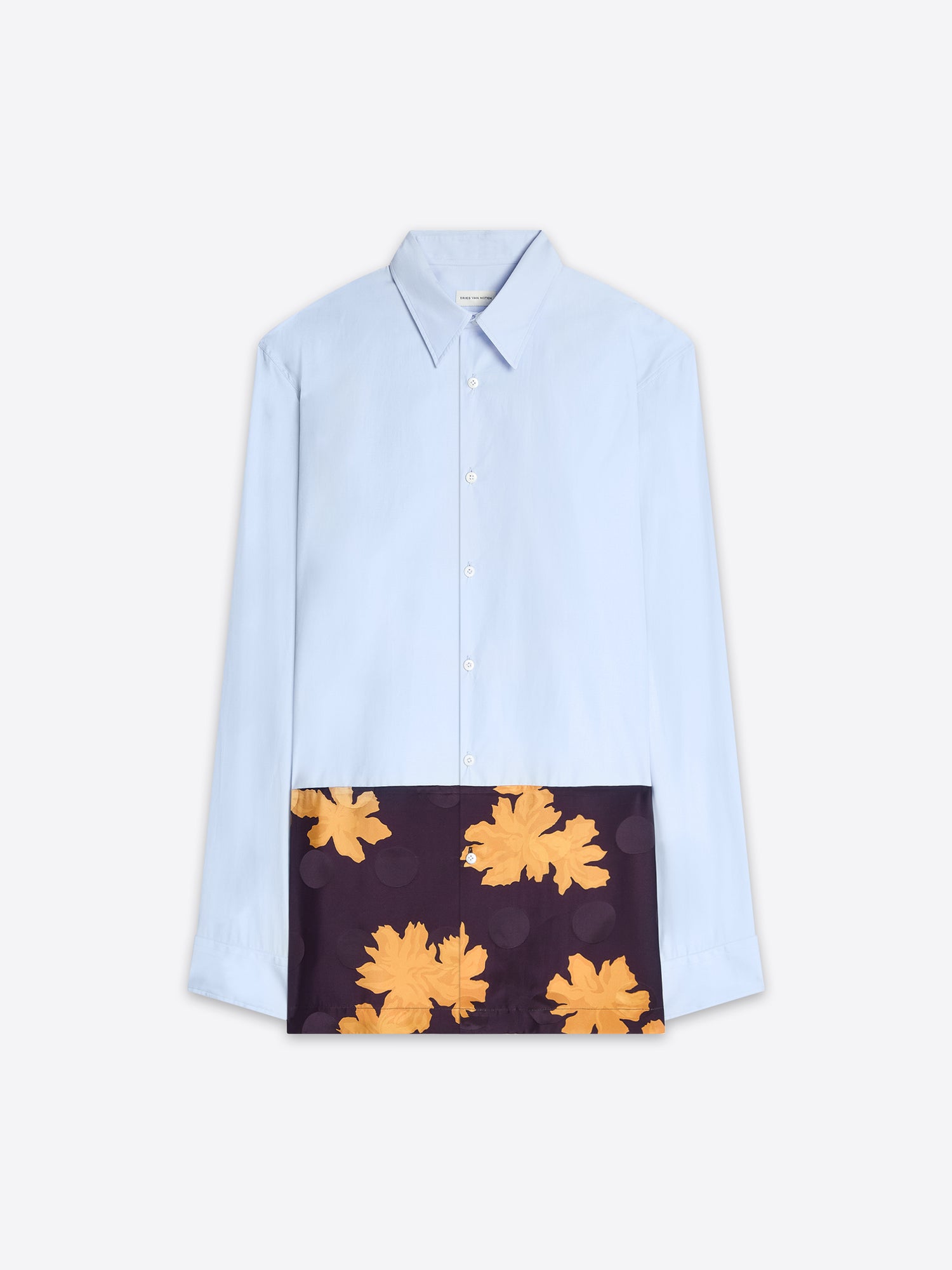 Light blue shirt with a dark panel featuring yellow floral patterns on a white background - Dries Van Noten