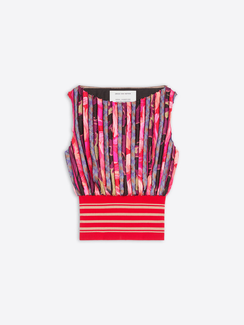 Multicolored striped top with a red base on a white background - Dries Van Noten