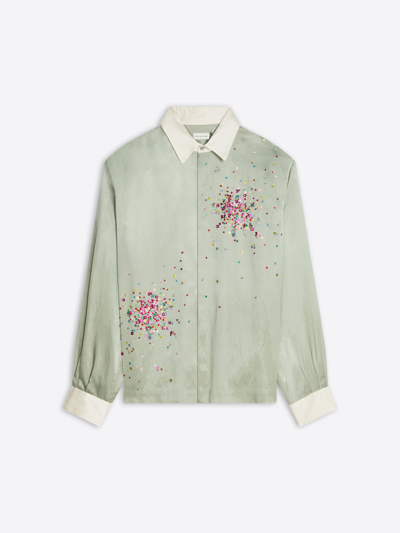 Green shirt with floral embroidery on a white background - Dries Van Noten
