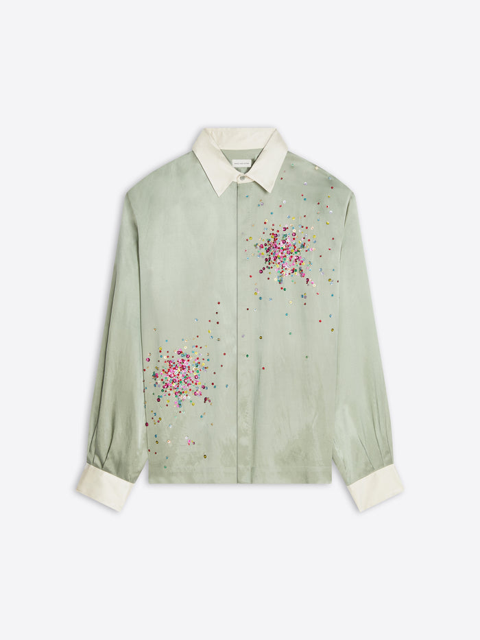 Green shirt with floral embroidery on a white background - Dries Van Noten