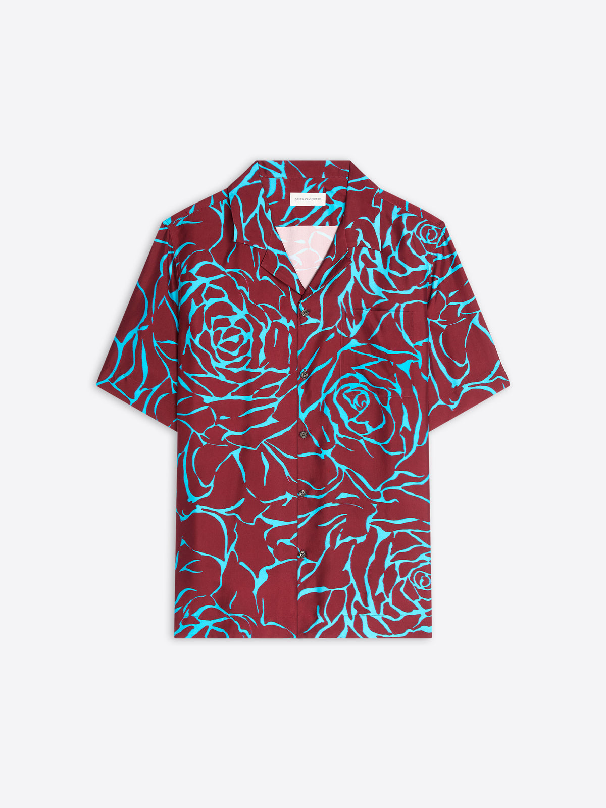 Red and blue floral patterned shirt on a white background