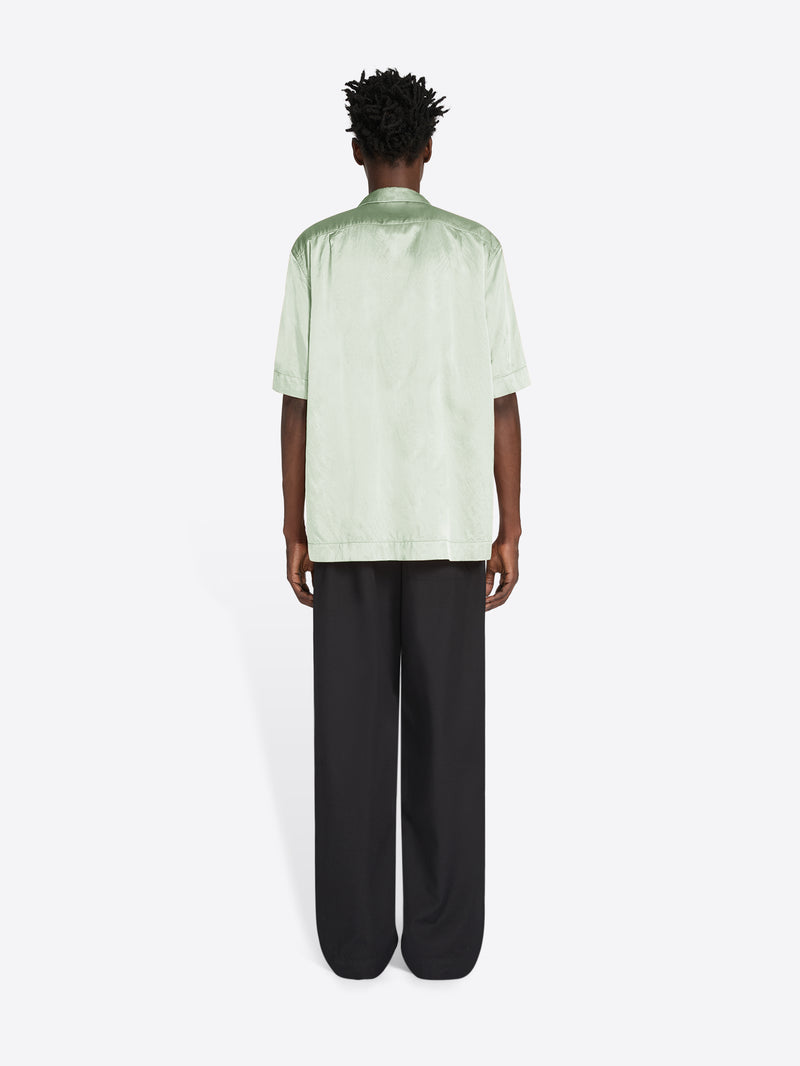 Person wearing a light green shirt and black pants on a white background
