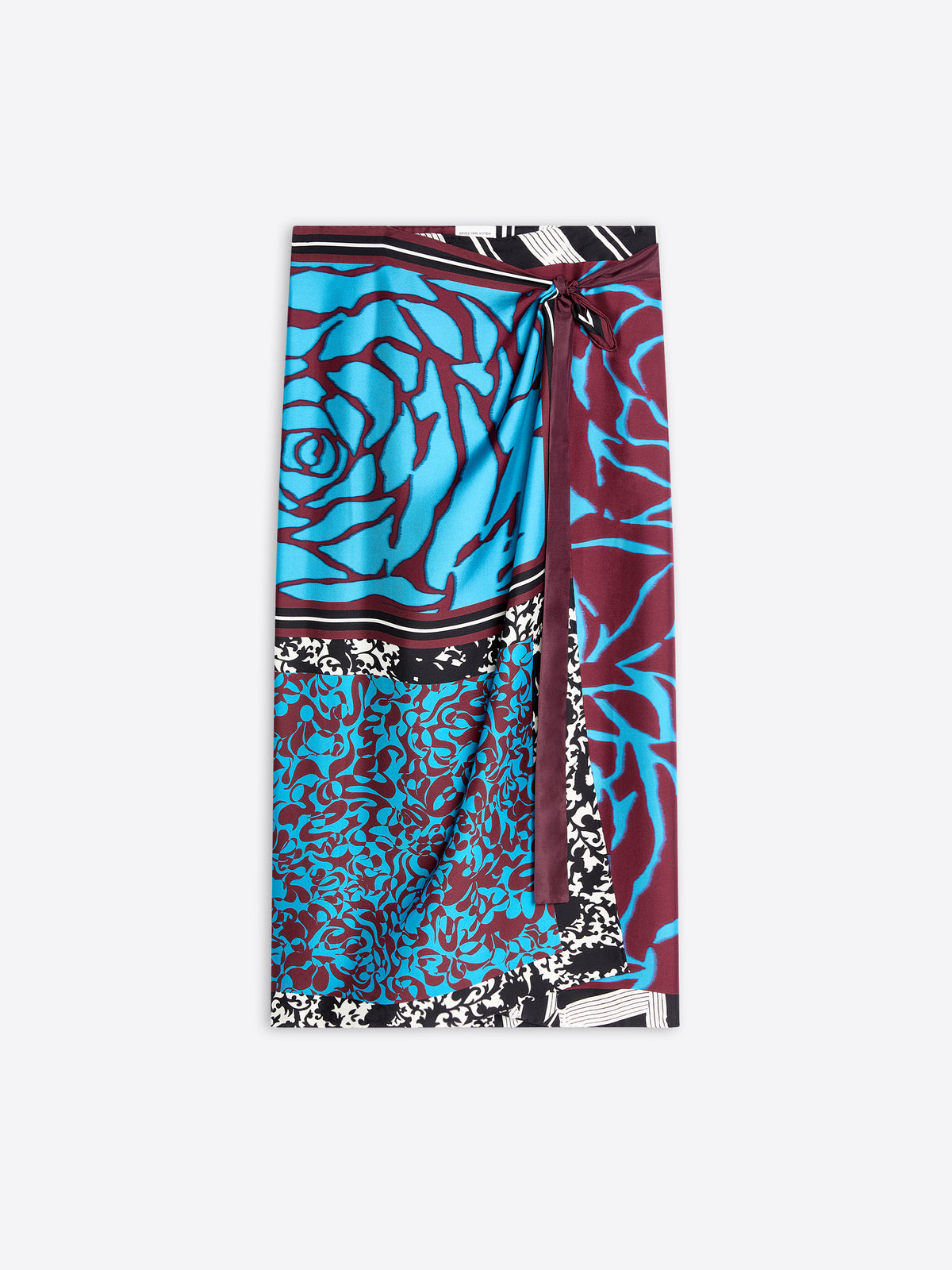 Colorful patterned scarf with a mix of blue, red, and black on a white background