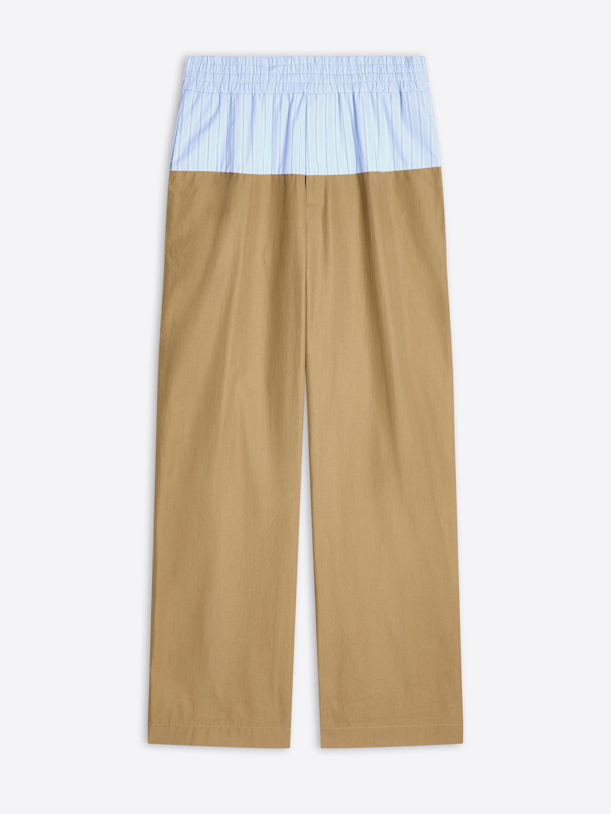 Beige pants with a light blue top section on a white background