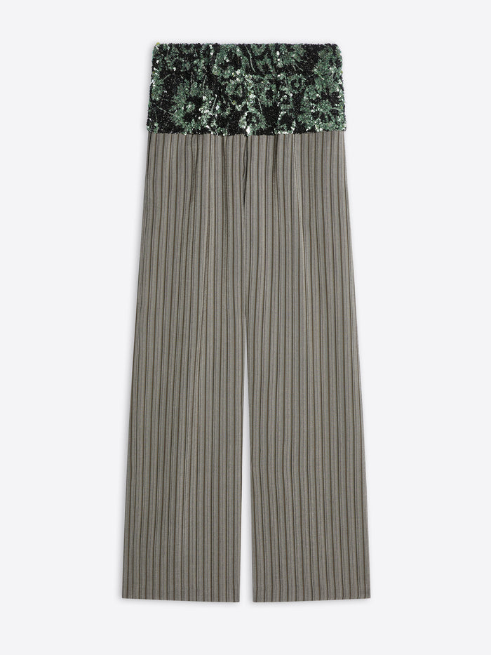 Green ribbed pants with floral waistband on a white background - Dries Van Noten